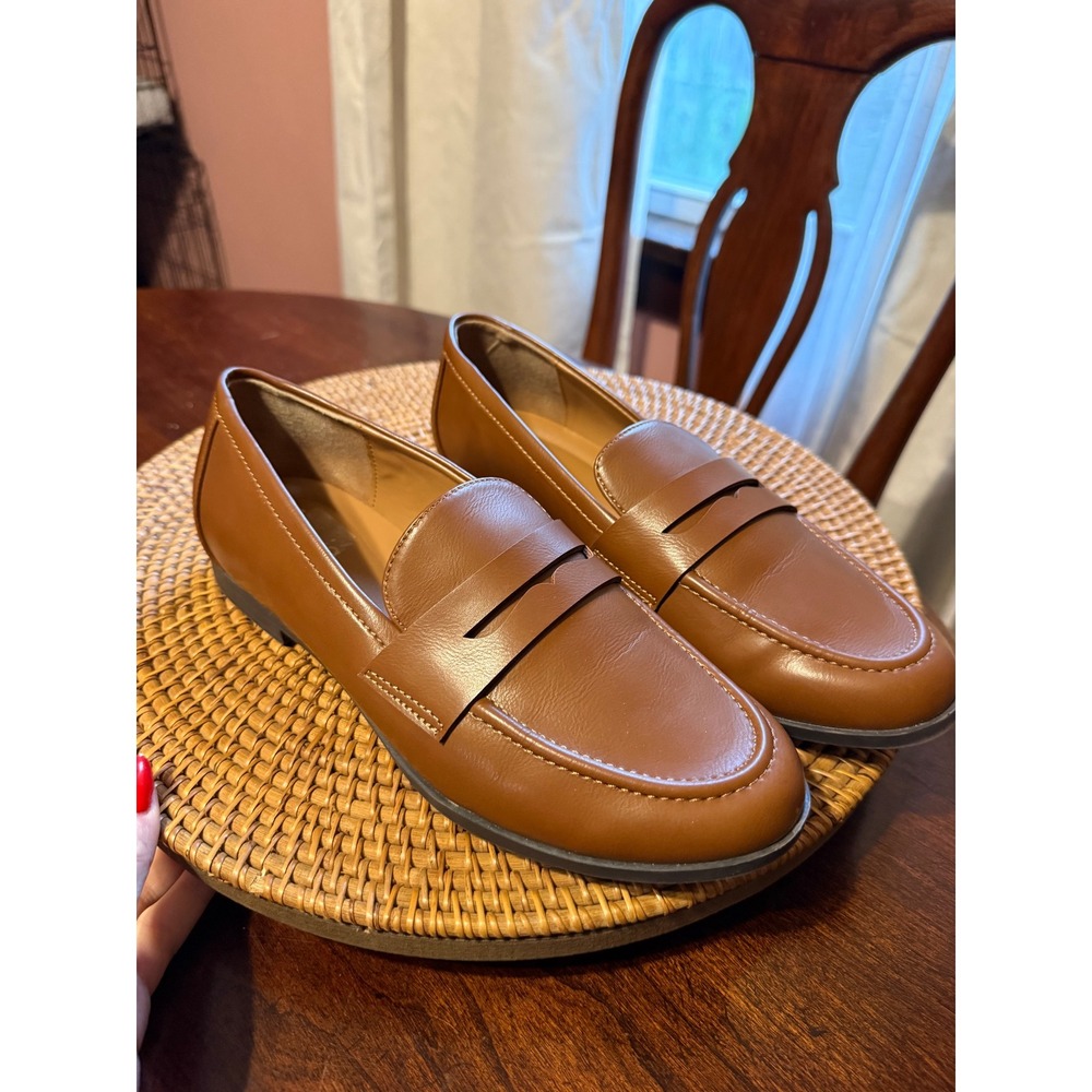 Kensie Womens Cognac Brown Faux Leather Penny Loafers Classic Slip On Flats